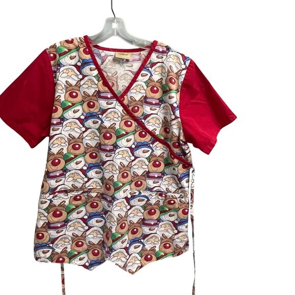 Tafford Christmas Print Scrub Top Tie Back Small Medium Santa Rudolph Snowman - Picture 1 of 4